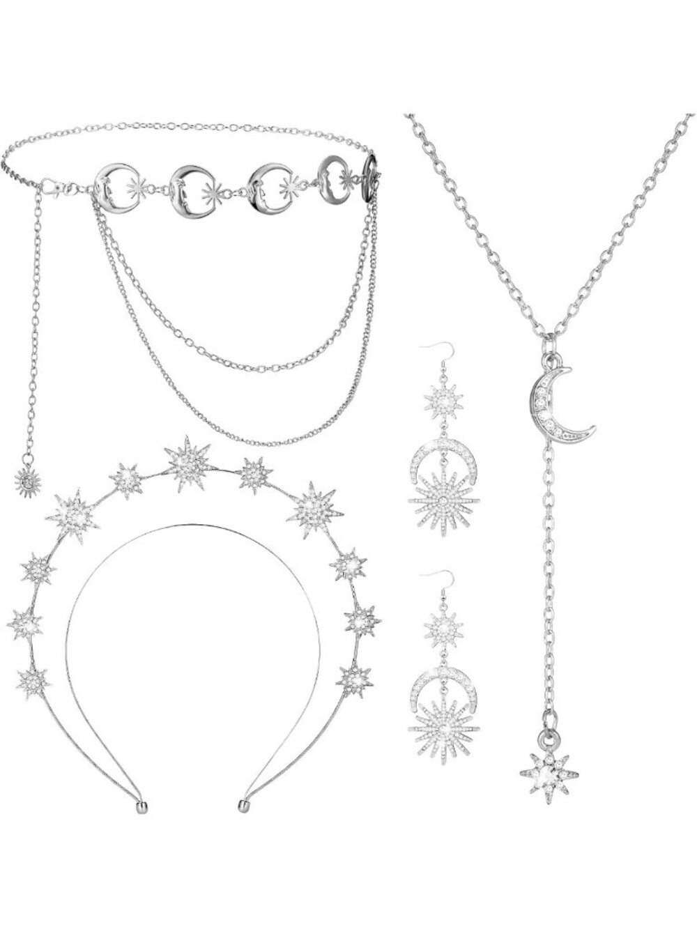 Celestial Jewelry Set: 4 Pcs Moon & Star Necklace, Headband & Accessories